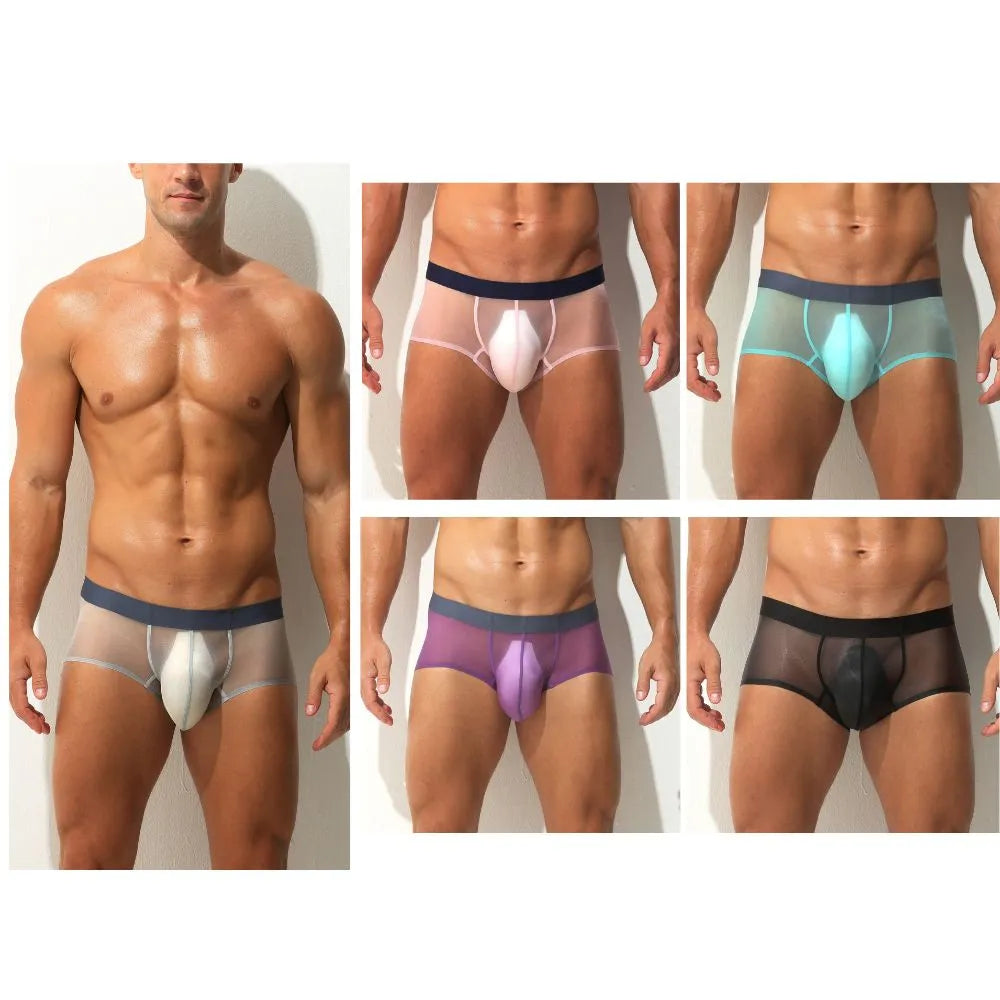 Men's See-through Low-Rise Ultra Thin Ice Silk Underpants Up to Size XXL  (5-Pack) -JEWYEE AY826 —